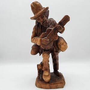 Hand Carved Old Man Dog Wooden Figurine 12" Banjo Bearded Rustic Primitive Cabin